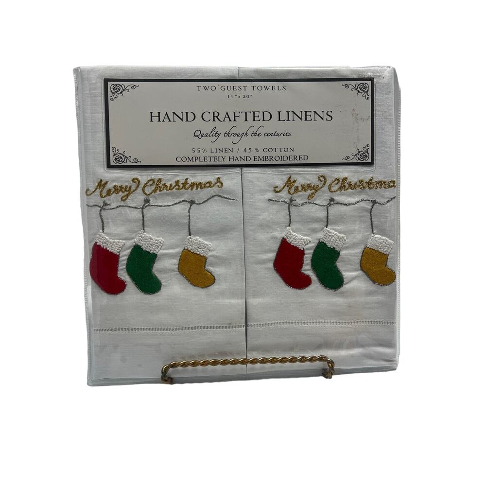 Hand Embroidered Christmas Linen Guest Towels